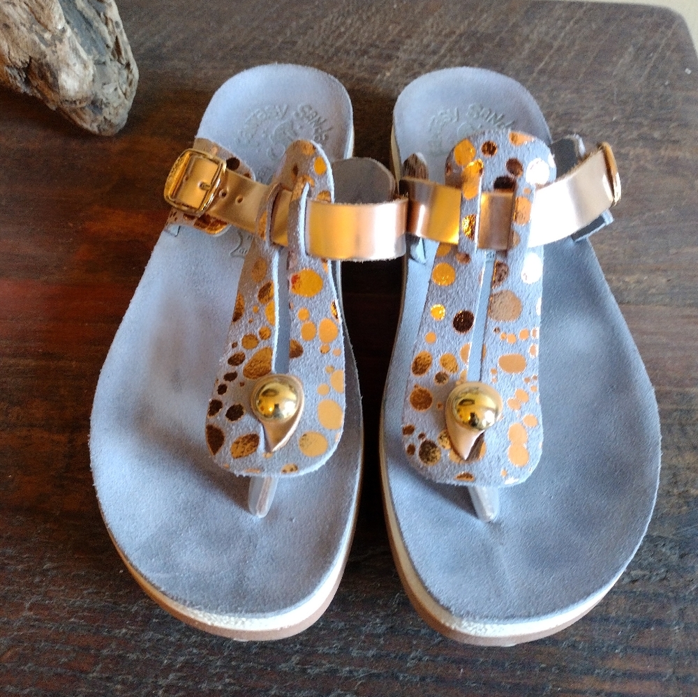 Fantasy Sandals Mirabella Blue Gold Thong Sandal Size 35 (5.5)